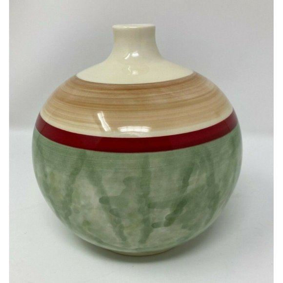 Fitz and Floyd Striped Round Bud Vase Cream Tan Red Green 6” Ceramic Pottery EUC - Picture 1 of 5